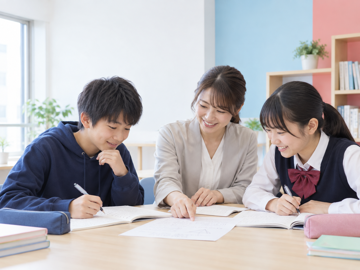先生と生徒が机を囲んで学ぶ様子を描いた生成イメージ