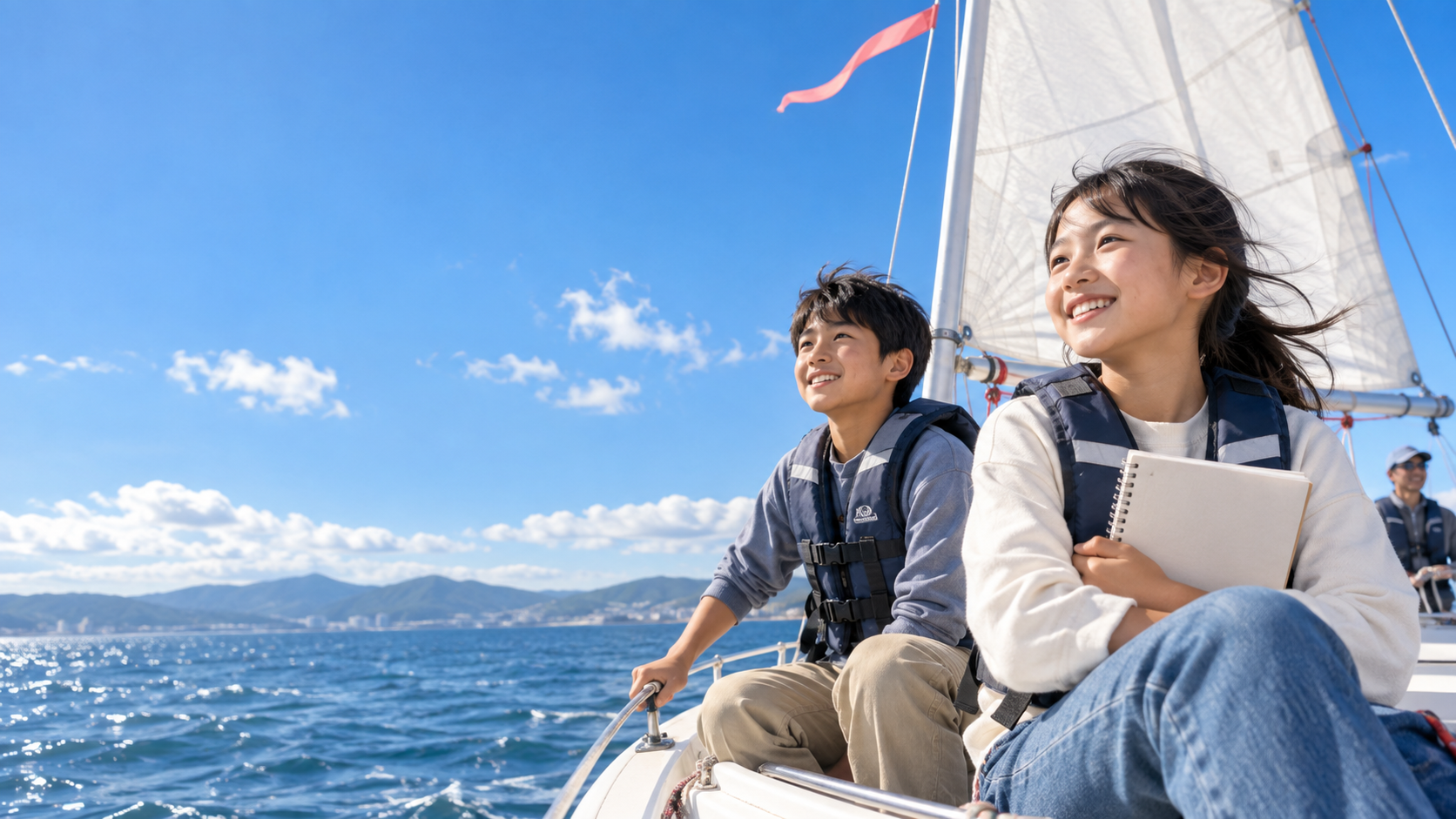 青空の下、帆船で先を見つめる子どもたちを描いた生成イメージ